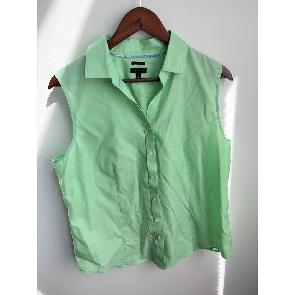 Talbots Sleeveless Button Down Shirt 16 Preppy Mint Green Wrinkle Resistant Top